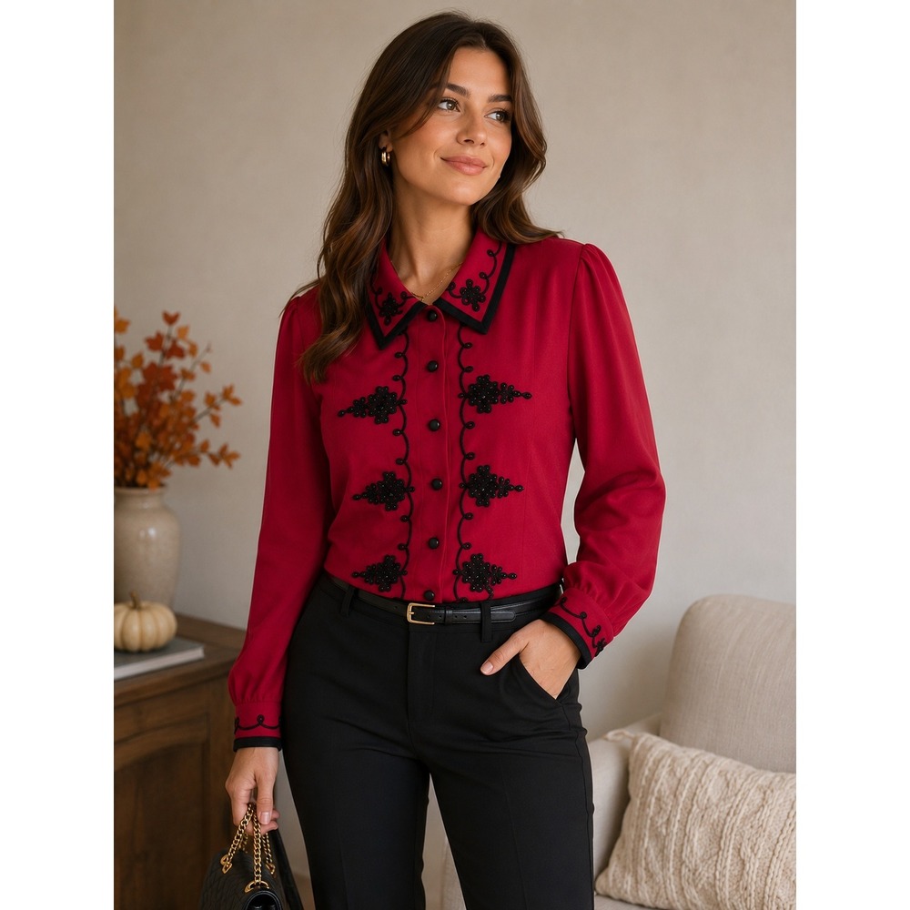 Vintage 90s Tess Retro Blouse Womens 14 Red Black Beaded Soutache Trim